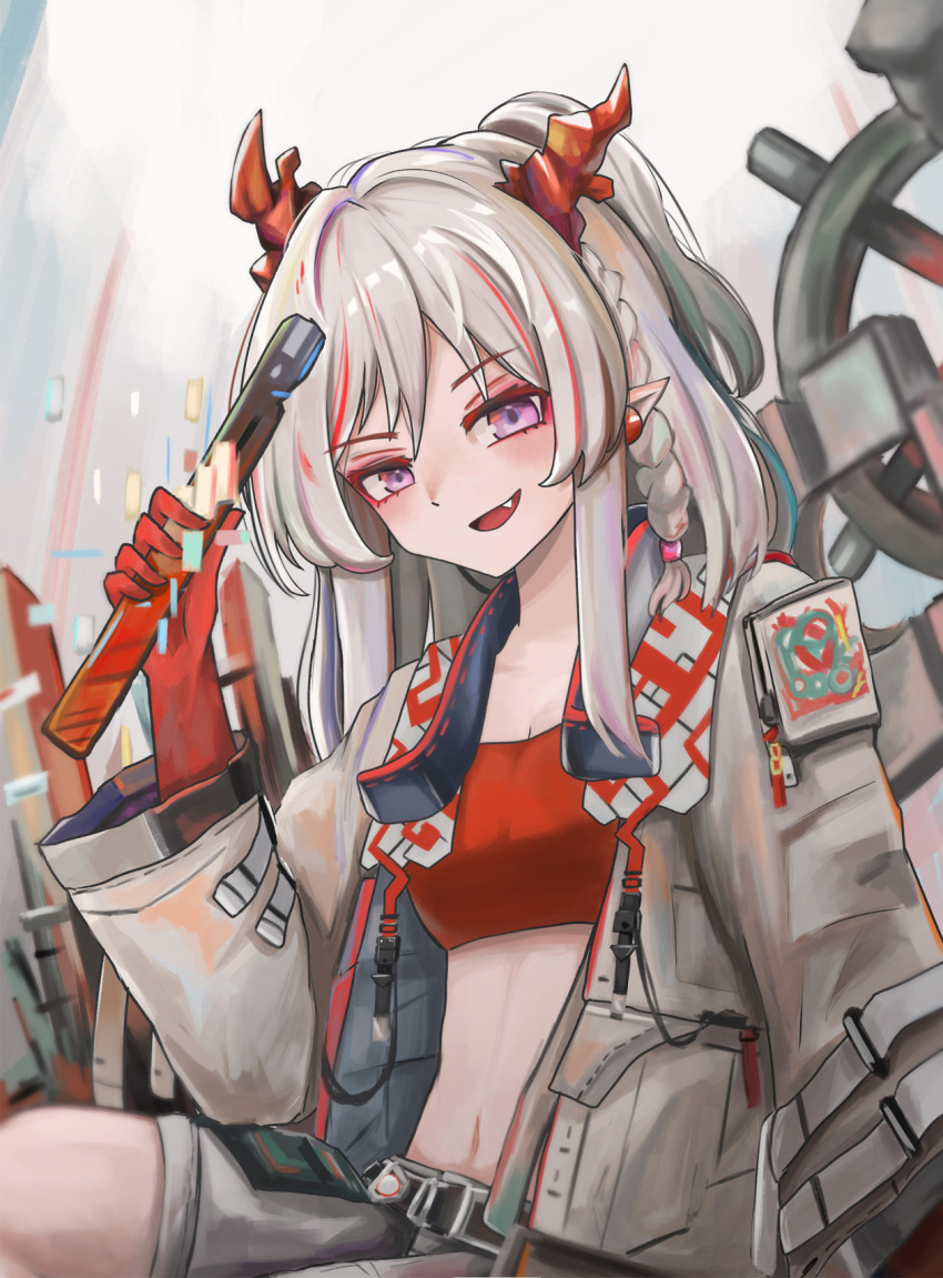 1girl arknights bandeau colored_skin cowboy_shot dragon_girl dragon_horns earrings fang grey_hair grey_jacket hand_up highres holding horns jacket jewelry kari90909 long_hair long_sleeves looking_at_viewer midriff multicolored_hair nian_(arknights) open_clothes open_jacket open_mouth pointy_ears purple_eyes red_bandeau red_hair red_horns red_skirt sitting skirt smile solo strap streaked_hair