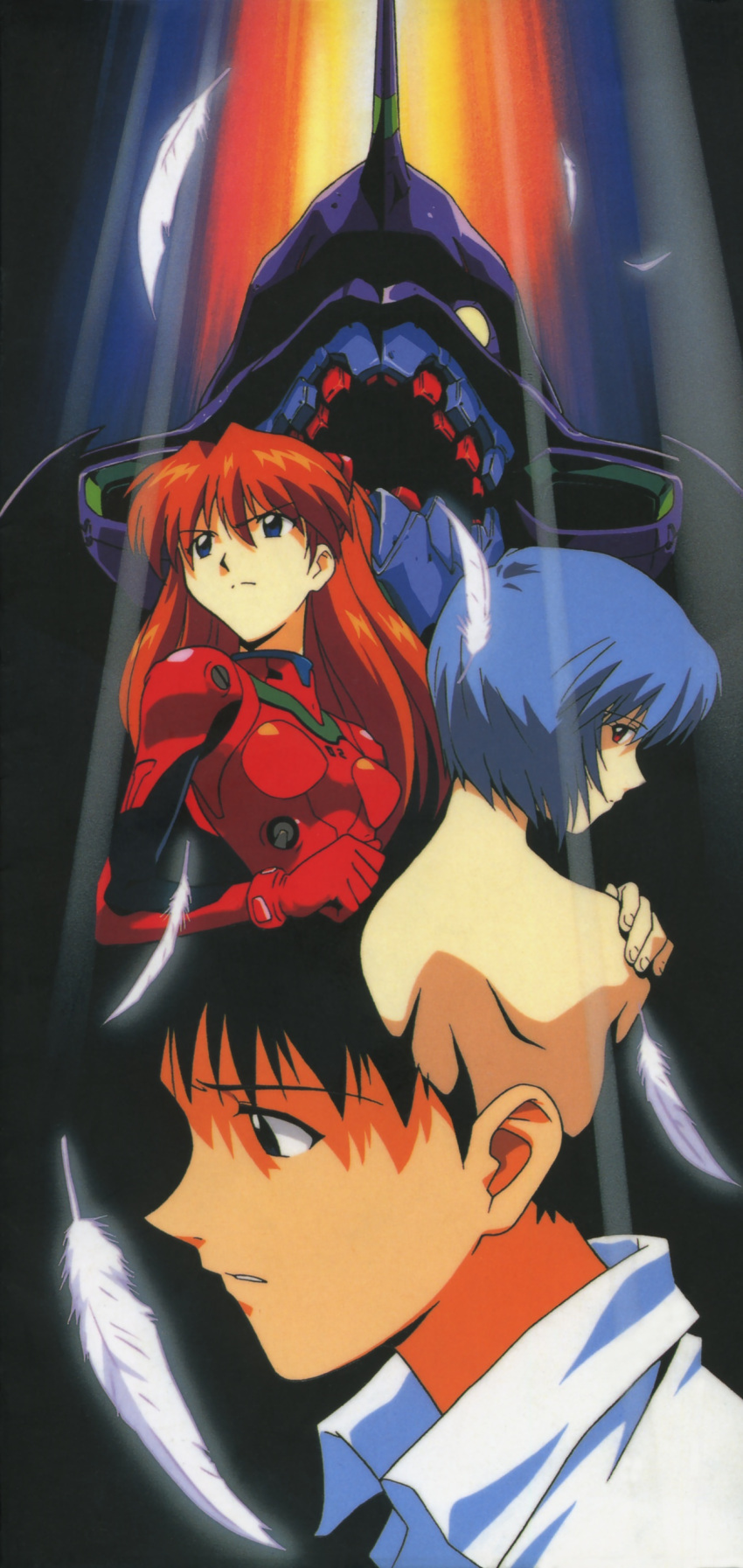 1boy 2girls absurdres ayanami_rei back blue_hair bodysuit eva_01 highres horns ikari_shinji mecha multiple_girls neon_genesis_evangelion nude official_art plugsuit red_eyes retro_artstyle robot scan school_uniform short_hair single_horn souryuu_asuka_langley tokyo-3_middle_school_uniform two_side_up