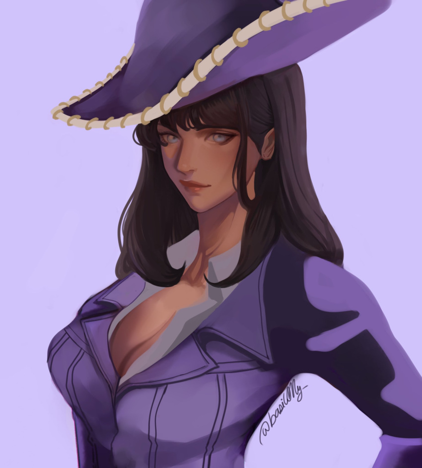 1girl basic0lly black_hair blunt_bangs commentary cowboy_hat hair_behind_ear hand_on_own_hip hat highres jacket light_smile long_hair looking_at_viewer nico_robin one_piece purple_background purple_hat purple_jacket red_lips sidelocks simple_background solo twitter_username upper_body