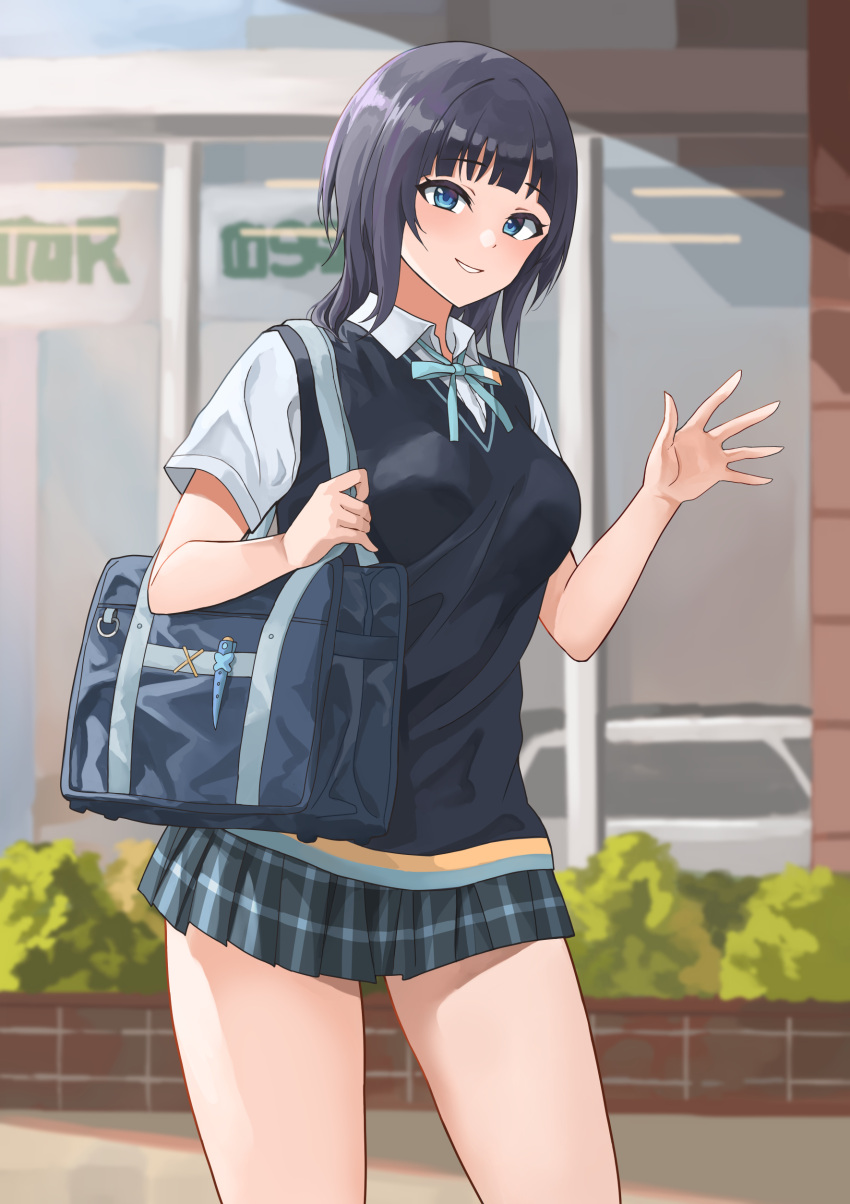 1girl absurdres asaka_karin bag black_vest blue_bag blue_eyes blue_hair blue_shirt blue_skirt blunt_bangs breasts collared_shirt commentary_request green_ribbon highres holding holding_bag looking_at_viewer love_live! love_live!_nijigasaki_high_school_idol_club medium_breasts neck_ribbon nijigasaki_academy_school_uniform outdoors parted_lips plaid plaid_skirt pleated_skirt ribbon school_bag school_uniform shirt short_sleeves skirt solo sozoremi standing summer_uniform sweater_vest upper_body vest