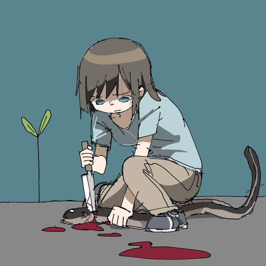 1girl blood blood_on_ground blue_eyes blue_shirt blue_sky brown_hair brown_pants character_request closed_mouth copyright_request eel full_body furrowed_brow highres pants shirt shoes short_hair short_sleeves sky solo squatting stab t-shirt tsukumizu_yuu