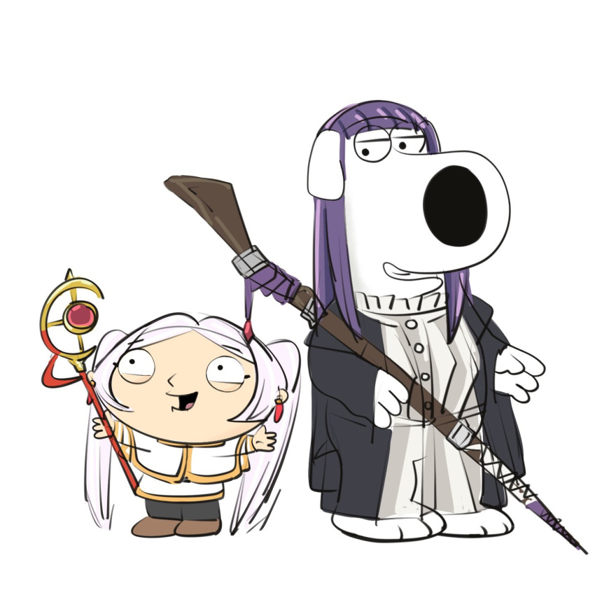 2boys black_robe brian_griffin capelet cosplay dog dress earrings family_guy fern_(sousou_no_frieren) fern_(sousou_no_frieren)_(cosplay) frieren frieren_(cosplay) highres holding holding_staff jewelry long_hair mage_staff multiple_boys puppybitch purple_hair robe simple_background skirt sousou_no_frieren staff stewie_griffin twintails white_background white_capelet white_dress white_hair white_skirt