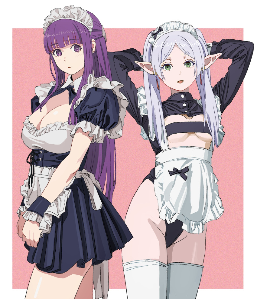 2girls absurdres alternate_costume apron arms_behind_head blunt_bangs breasts earrings elf english_commentary enmaided fern_(sousou_no_frieren) frieren green_eyes highres jewelry large_breasts long_hair long_sleeves looking_at_viewer maid maid_apron maid_headdress medium_breasts multiple_girls petite pink_background pointy_ears purple_eyes purple_hair shiren_(ourboy83) simple_background solo sousou_no_frieren standing straight_hair thighhighs twintails white_hair white_thighhighs