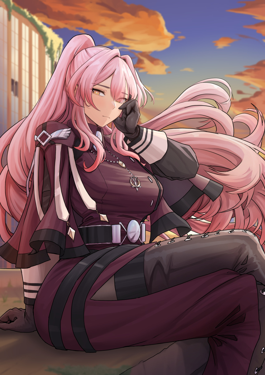 1girl absurdres breasts capelet cloud dryseaweed duel_monster exosister_martha floating_hair gradient_sky highres large_breasts long_hair looking_at_viewer one_eye_closed outdoors parted_bangs pink_hair ponytail sidelocks sitting sky solo very_long_hair yellow_eyes yu-gi-oh!