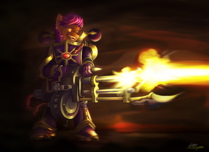 anthro armor autocannon battle bayonet chaos_space_marine chaos_star ear_piercing ear_ring fighting_pose gun hair hyena knife kullgara machine machine_gun male mammal piercing pink_armor pink_hair pose power_armor purple_armor ranged_weapon red_eyes ring_piercing shooting shooting_gun slaanesh smile solo symbol vitali_advenil warhammer_(franchise) warhammer_40000 weapon