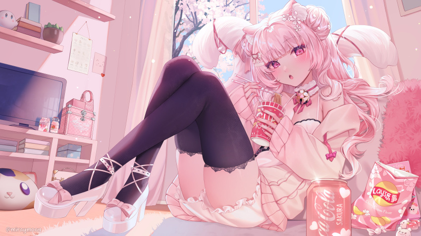 1girl absurdres animal_ear_fluff animal_ears bell black_thighhighs blush book bow breasts calendar_(object) cherry_blossoms chopsticks coca-cola cup_ramen curtains dress flower food footwear_bow hair_flower hair_ornament heart high_heels highres holding holding_chopsticks indie_virtual_youtuber jacket long_hair miraymoon multiple_tails neck_bell off_shoulder pink_bow pink_eyes pink_hair pink_jacket pink_nails pink_ribbon product_placement ribbon sakurah_(vtuber) sitting solo tail tail_ornament tail_ribbon television thighhighs twitter_username virtual_youtuber white_dress white_flower white_footwear