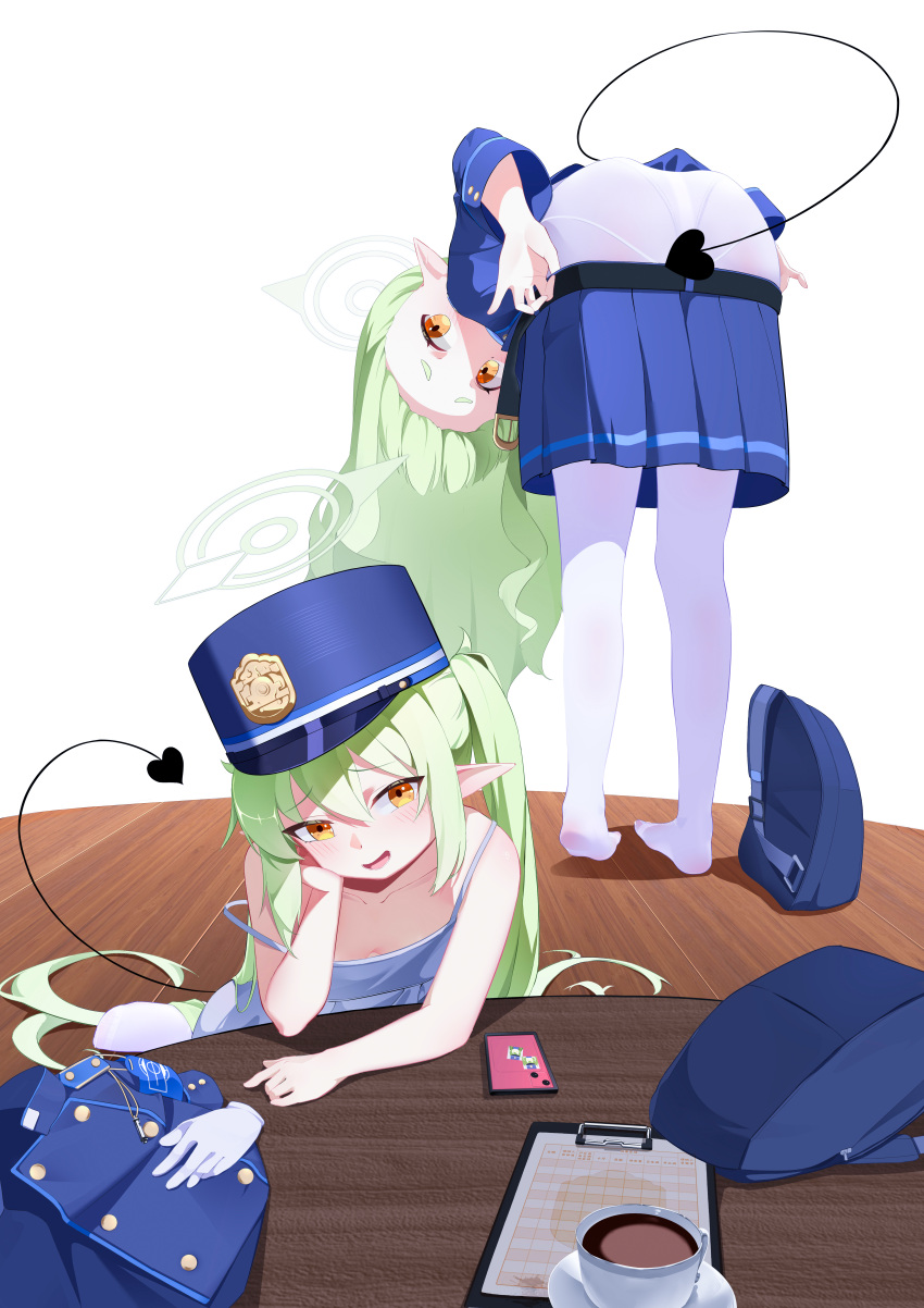 2girls absurdres backpack bag bent_over blue_archive blue_hat blue_jacket blue_skirt cellphone chinese_commentary clipboard coffee coffee_cup collarbone commentary_request cup demon_tail disposable_cup feet flat_chest forehead gloves green_hair halo highlander_sidelocks_conductor_(blue_archive) highlander_twintails_conductor_(blue_archive) highres jacket light_blush long_hair looking_at_viewer mitsukage_three multiple_girls open_mouth orange_eyes panties panties_under_pantyhose pantyhose phone pleated_skirt pointy_ears sitting skirt smartphone smile standing table tail tail_censor tank_top toes underwear undressing unworn_backpack unworn_bag unworn_gloves unworn_jacket very_long_hair white_gloves white_panties white_pantyhose white_tank_top wooden_floor wooden_table