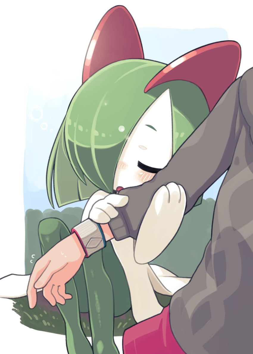 arm_hug blush closed_eyes colored_skin dynamax_band flying_sweatdrops gloria_(pokemon) green_hair hair_over_one_eye highres horns ino_(tellu0120) kirlia multicolored_skin open_mouth out_of_frame pokemon pokemon_(creature) sidelocks sweater two-tone_skin white_skin