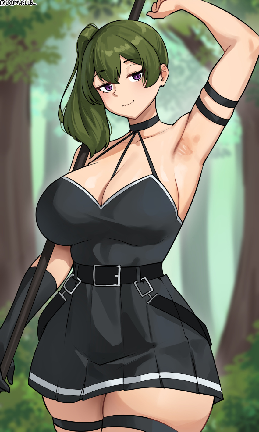 1girl absurdres arm_up armpits belt between_breasts black_belt black_gloves blurry blurry_background breasts closed_mouth collarbone commentary commission cowboy_shot cromwellb english_commentary forest gloves green_hair highres holding holding_weapon large_breasts looking_at_viewer medium_hair nature pixiv_commission purple_eyes side_ponytail single_glove solo sousou_no_frieren swimsuit thick_thighs thigh_strap thighs tree twitter_username ubel_(sousou_no_frieren) weapon