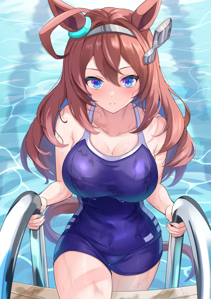 1girl absurdres ahoge animal_ears blue_eyes blue_one-piece_swimsuit blush breasts brown_hair closed_mouth competition_school_swimsuit competition_swimsuit cowboy_shot ear_ornament hair_ornament hairclip highres horse_ears horse_girl horse_tail large_breasts long_hair maimuu mihono_bourbon_(umamusume) one-piece_swimsuit partially_submerged pool poolside school_swimsuit silver_hairband solo swimsuit tail tracen_swimsuit umamusume water