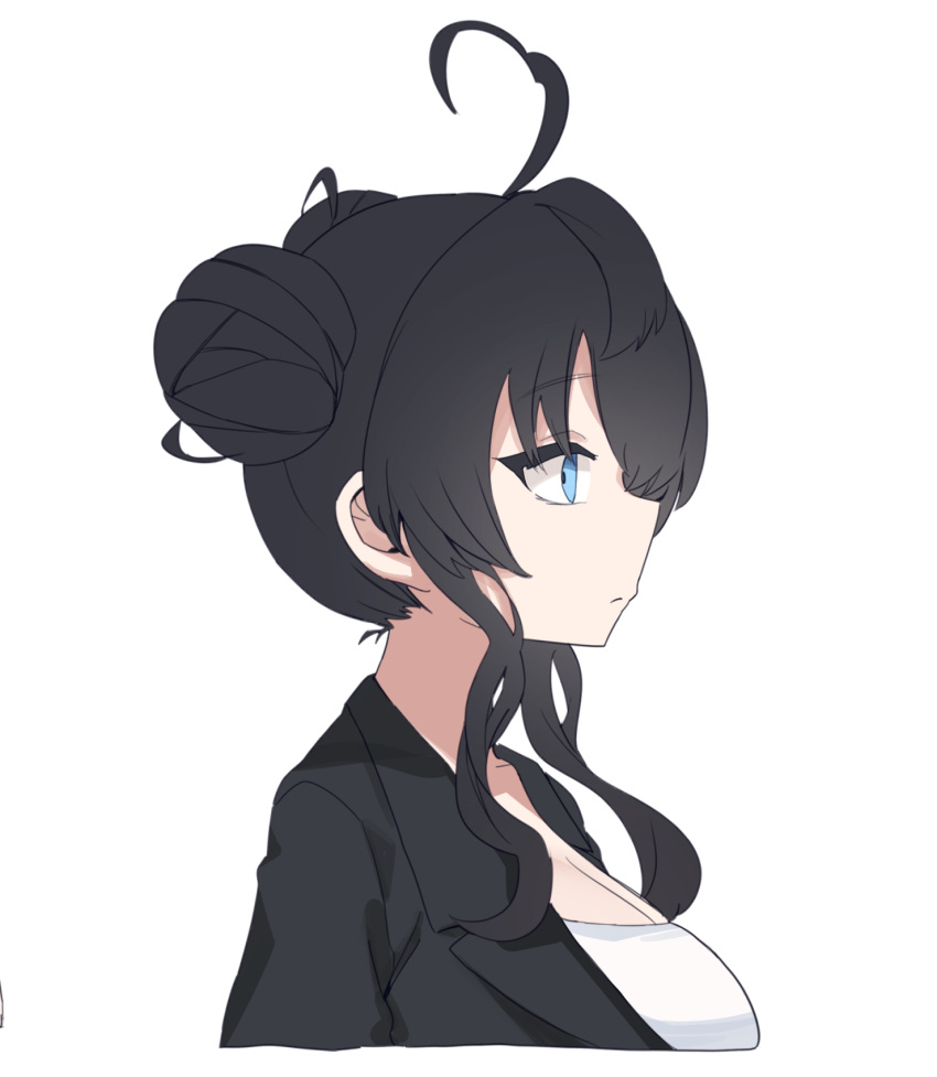 1girl ahoge aningay black_hair black_jacket blue_eyes breasts cleavage cropped_torso double_bun from_side hair_between_eyes hair_bun heart heart_ahoge highres jacket long_hair medium_breasts original profile shirt simple_background solo upper_body white_background white_shirt