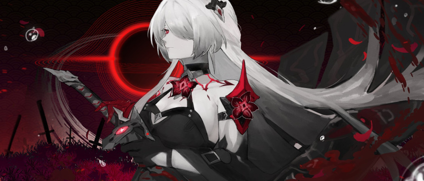 1girl acheron_(honkai:_star_rail) black_choker black_gloves black_hole body_markings breasts choker cleavage detached_sleeves flower gloves hair_ornament hair_over_one_eye highres holding holding_sword holding_weapon honkai:_star_rail honkai_(series) long_hair nasunasunasuna pale_skin planted planted_sword red_eyes red_flower single_bare_shoulder solo sword weapon white_hair