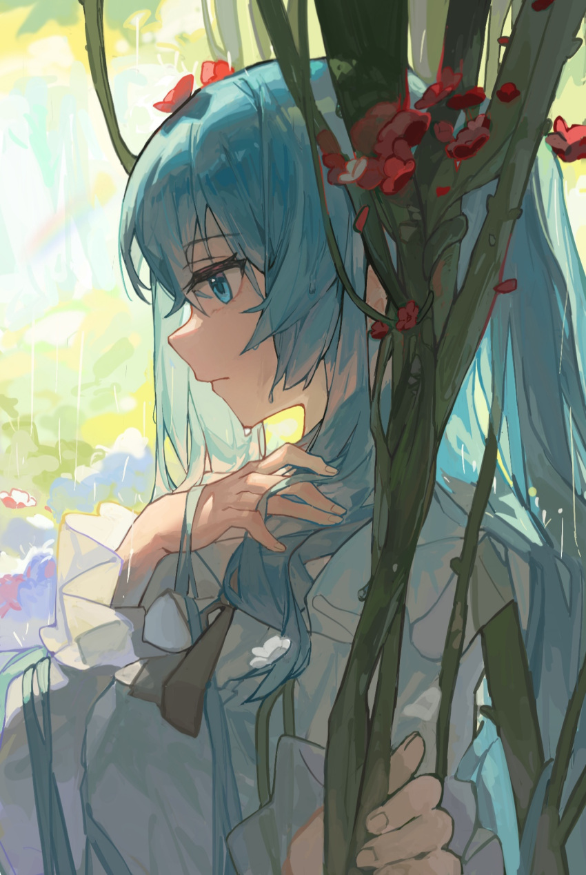 1girl \||/ aqua_eyes aqua_hair closed_mouth dress frilled_sleeves frills from_side hair_flowing_over hand_on_own_chest hatsune_miku highres long_hair long_sleeves plant rain sentter solo upper_body vines vocaloid wet wet_hair white_dress