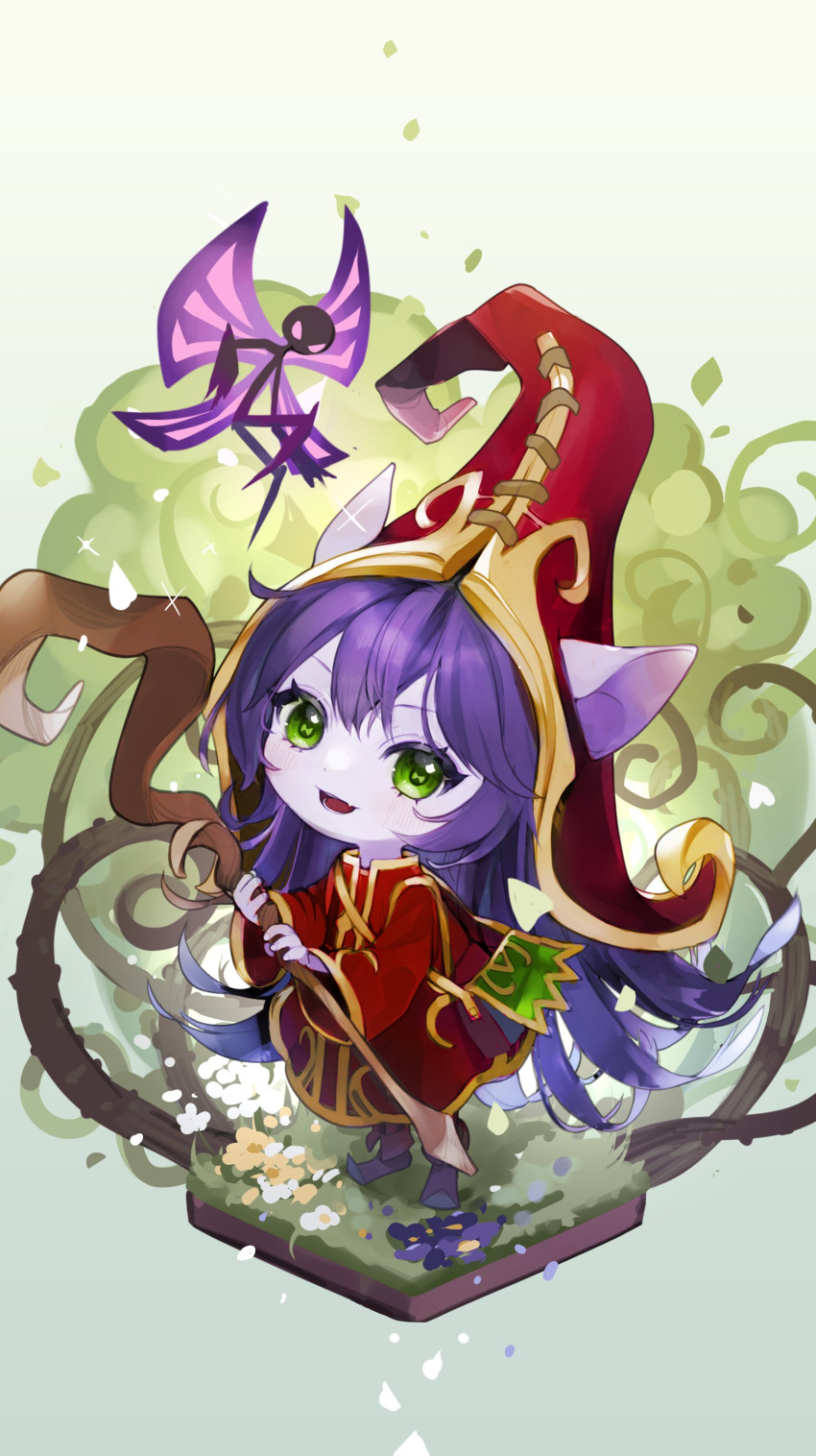 1girl :d absurdres animal_ears aoko_(torisoboro) blush colored_skin dress fang full_body green_eyes hat highres holding league_of_legends long_hair long_sleeves looking_at_viewer lulu_(league_of_legends) open_mouth pix_(league_of_legends) pointy_ears purple_hair purple_skin red_dress smile staff standing tongue witch_hat yordle