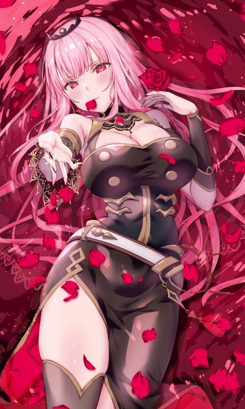 1girl absurdres black_dress breasts cleavage dress happy_birthday highres hololive hololive_english kamiya_maneki large_breasts long_hair looking_at_viewer mori_calliope mori_calliope_(1st_costume) petals pink_eyes pink_hair rose_petals smile solo spikes thighhighs tiara veil virtual_youtuber