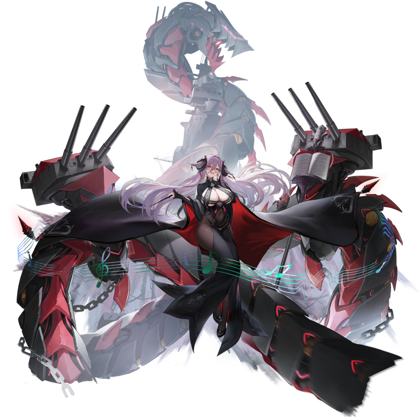 1girl artist_request azur_lane breasts cape chain cleavage conductor_baton covered_navel curled_horns dress friedrich_carl_(azur_lane) full_body glasses hand_on_own_cheek hand_on_own_face highres holding horns large_breasts loincloth long_hair long_sleeves looking_at_viewer machinery mole mole_under_mouth music_stand musical_note official_art open_mouth purple_eyes purple_hair rigging sheet_music shoes smile teeth turret upper_teeth_only weapon