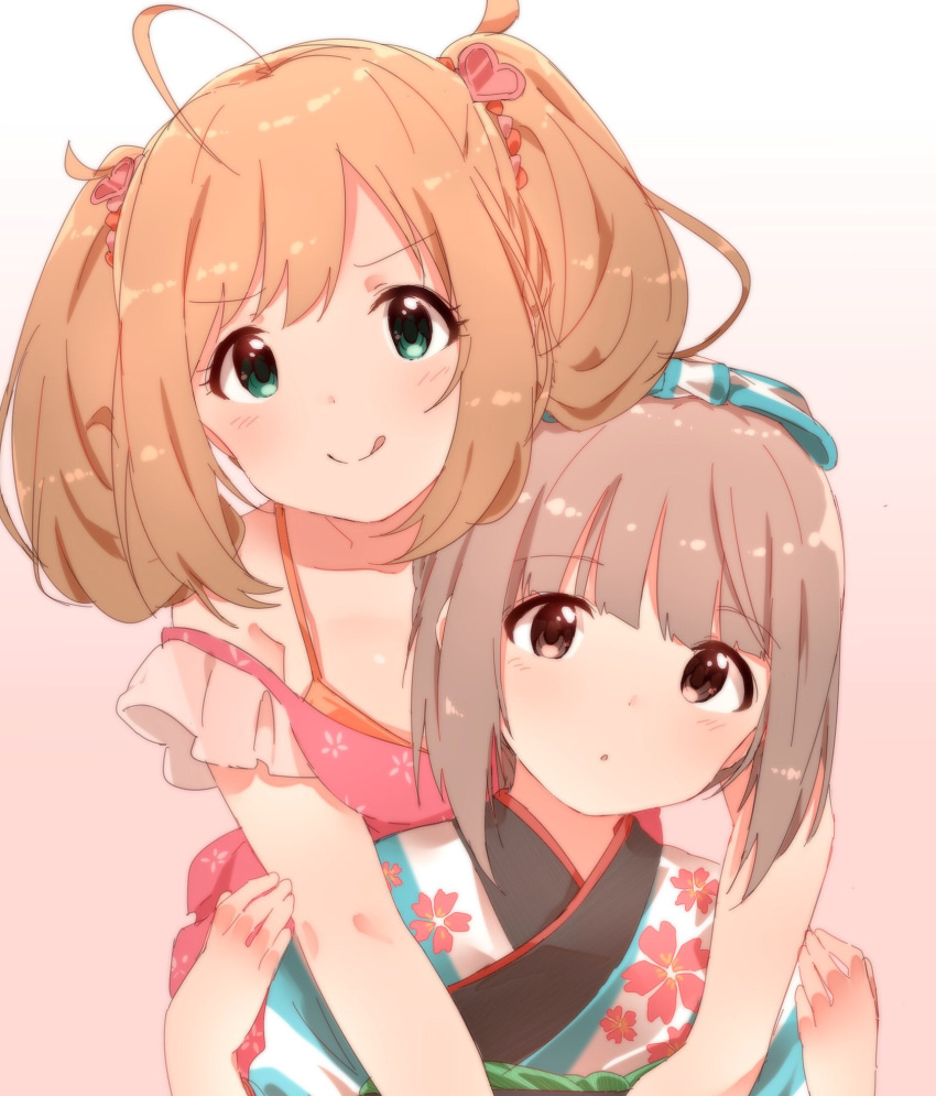 2girls ahoge bare_shoulders blue_kimono blue_ribbon blunt_bangs blush bow breasts brown_eyes brown_hair cherry_blossom_print dot_nose dress floral_print gradient_background green_eyes hair_bow hair_ornament hair_ribbon heart heart_hair_ornament highres hug hug_from_behind idolmaster idolmaster_cinderella_girls idolmaster_cinderella_girls_starlight_stage japanese_clothes kimono large_breasts long_hair looking_at_viewer multiple_girls norada parted_lips pink_background pink_dress print_kimono ribbon sato_shin simple_background small_breasts smile strap_slip tongue tongue_out twintails upper_body yorita_yoshino