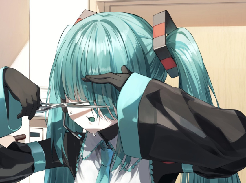 1girl arm_up black_sleeves blue_hair blue_necktie blue_tongue collared_shirt colored_tongue commentary_request cutting_hair detached_sleeves facing_viewer hair_over_eyes hand_up hatsune_miku headset holding holding_scissors indoors long_hair long_sleeves necktie open_mouth pentagon_(railgun_ky1206) puffy_long_sleeves puffy_sleeves scissors shirt sleeves_past_wrists solo twintails upper_body very_long_hair vocaloid white_shirt wide_sleeves