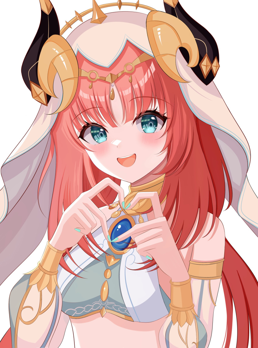 1girl absurdres blush breasts cape crop_top fake_horns genshin_impact heart heart_hands highres horns jewelry lilack_gg long_hair long_sleeves looking_at_viewer midriff nilou_(genshin_impact) puffy_sleeves red_hair smile solo veil white_cape