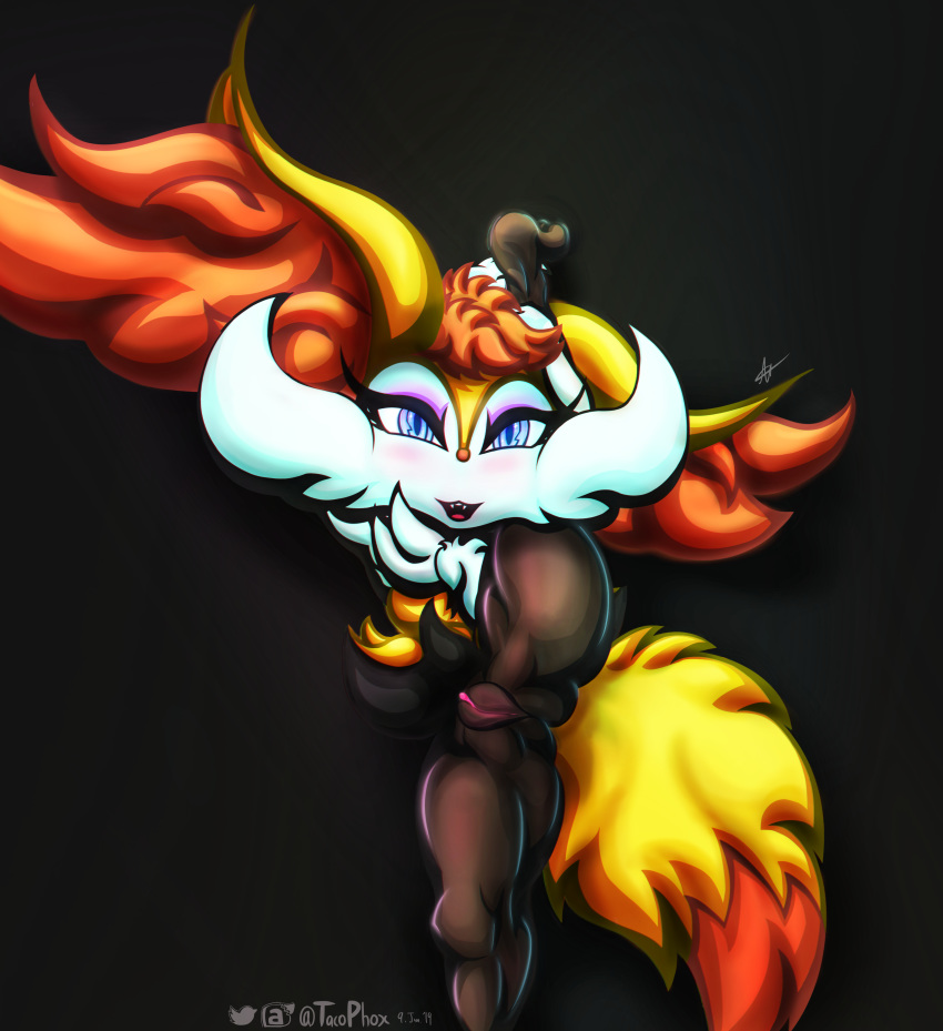 absurd_res anthro blush braixen canid canine digital_media_(artwork) female fox fur hi_res inner_ear_fluff looking_at_viewer mammal nintendo nude open_mouth pok&eacute;mon pok&eacute;mon_(species) presenting presenting_pussy pussy simple_background smile spread_legs spreading stretching tacophox thick_thighs tuft video_games wide_hips yoga
