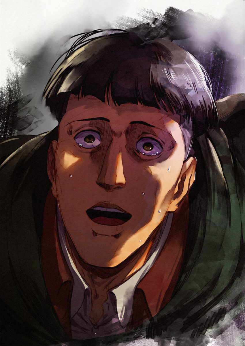 1boy absurdres black_hair buzz_cut derivative_work highres looking_up male_focus marlowe_freudenberg paradis_military_uniform portrait promotional_art sad screenshot_redraw second-party_source shingeki_no_kyojin short_hair solo spoilers sweat syo5 tearing_up very_short_hair