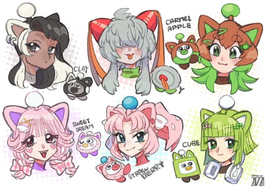 6+girls animal_ears antennae black_hair blunt_bangs blush brown_hair character_name closed_mouth cropped_shoulders dark-skinned_female dark_skin ear_piercing facial_mark freckles green_eyes green_hair grey_hair hair_ornament hair_over_eyes hairclip heart heart_facial_mark highres itemlabel long_hair m516 multicolored_hair multiple_girls open_mouth oui_oui personification piercing pink_hair ponytail short_hair simple_background tongue tongue_out twitter_username white_hair wing_hair_ornament x_hair_ornament