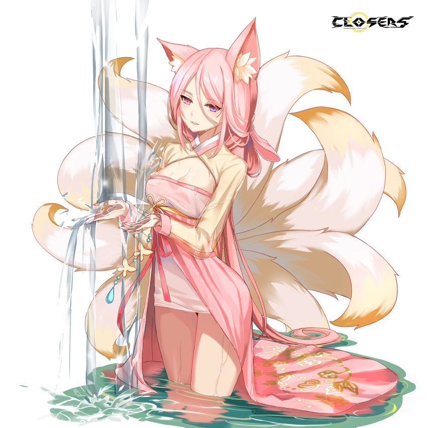 1girl alternate_hair_color animal_ear_fluff animal_ears bai_winchester breasts cleavage cleavage_cutout closers clothing_cutout copyright_name cowboy_shot dress fox_ears fox_girl fox_tail heterochromia highres kitsune kyuubi large_breasts layered_dress logo long_hair long_sleeves looking_down low_ponytail multiple_tails official_art parted_lips pink_dress pink_eyes pink_hair purple_eyes see-through see-through_sleeves solo standing tail two-tone_dress very_long_hair wading washing_hands water waterfall wet wet_clothes white_background yellow_dress yellow_sleeves yellow_tail