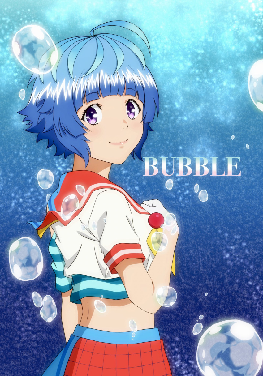 1girl ahoge blue_hair bubble bubble_(anime) highres purple_eyes sailor_collar school_uniform serafuku shirt short_hair short_sleeves skirt smile solo striped_clothes striped_shirt uemiko6 uta_(bubble)