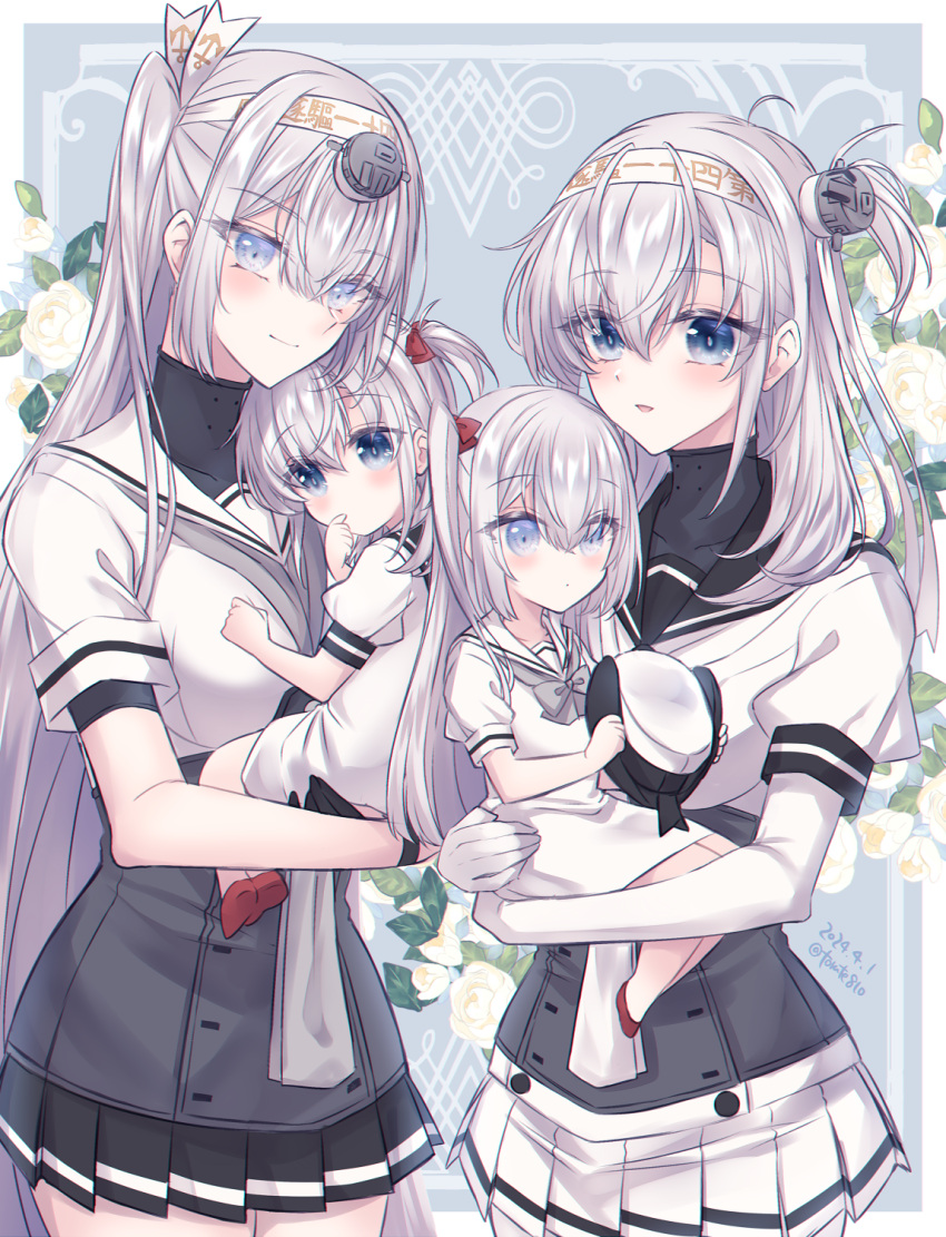 4girls baby black_sailor_collar black_skirt blue_eyes blush bodysuit breasts closed_mouth clothes_writing dated dress finger_to_mouth flower fuyutsuki_(kancolle) grey_hair grey_neckerchief hachimaki hair_between_eyes hat headband headgear highres holding holding_clothes holding_hat if_they_mated kabocha_torute kantai_collection large_breasts long_hair miniskirt multiple_girls neckerchief one_side_up parted_lips pleated_skirt sailor_collar sailor_dress school_uniform serafuku short_sleeves skirt suzutsuki_(kancolle) twitter_username very_long_hair white_bodysuit white_dress white_flower white_neckerchief white_sailor_collar white_skirt yuri