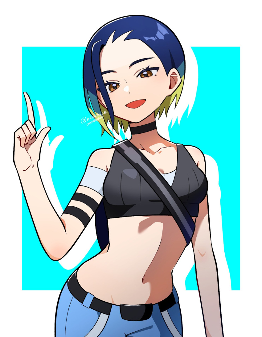 1girl arm_at_side armband bare_shoulders black_armband black_choker blue_hair bob_cut breasts brown_eyes choker cleavage collarbone crop_top denim genjitsu_o_miro gradient_hair grey_shirt hand_up highres index_finger_raised jeans loose_hair_strand medium_breasts midriff multicolored_hair pants perrin_(pokemon) pokemon pokemon_sv ribbed_shirt shirt sleeveless sleeveless_shirt undershirt upper_body v-neck