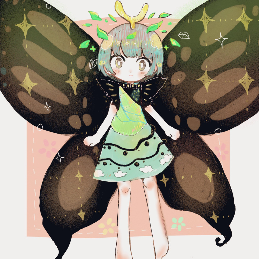 1girl antennae aqua_hair barefoot butterfly_wings chibi constellation_print dress eternity_larva fairy fairy_wings full_body green_dress hair_ornament highres insect_wings kariyushi_shirt leaf leaf_hair_ornament leaf_on_head mokumoku22 multicolored_clothes multicolored_dress orange_sleeves single_strap touhou traditional_media wings yellow_wings