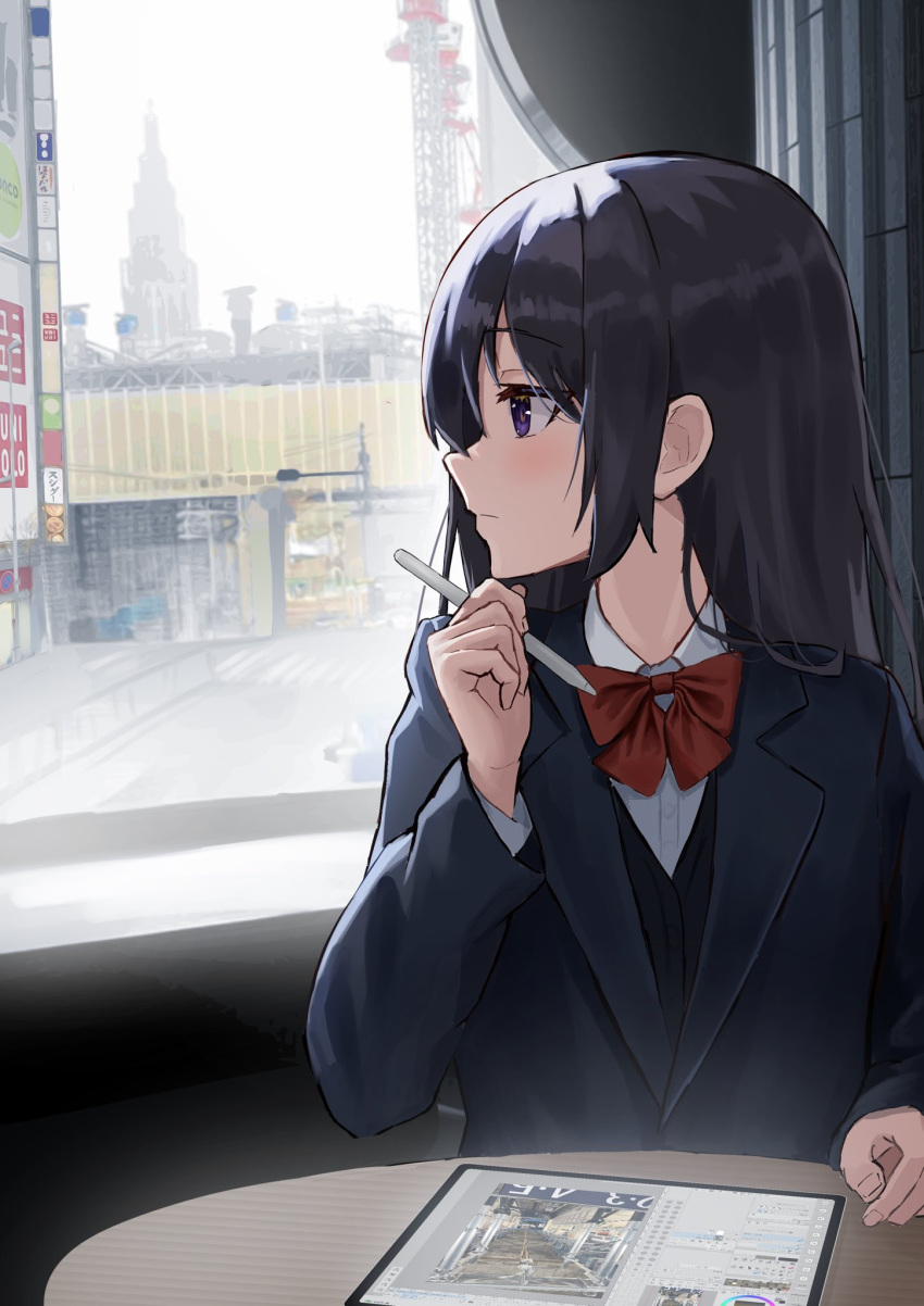 1girl black_hair black_vest blue_jacket blush bow cityscape drawing_tablet hand_on_table highres holding holding_pen indoors jacket keiyo_earth lamppost long_hair looking_outside original pen purple_eyes red_bow school_uniform shirt solo uniform vest white_shirt window