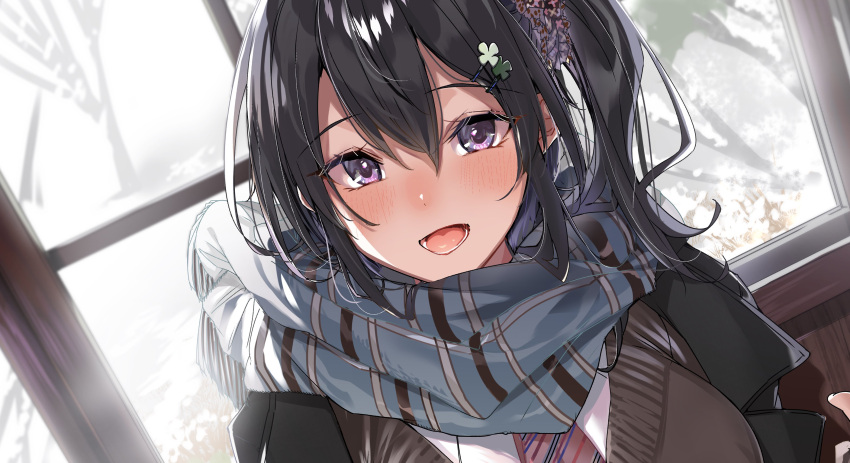 1girl :d absurdres black_hair blue_scarf blush breasts brown_sweater clover_hair_ornament commentary_request cropped four-leaf_clover_hair_ornament hair_between_eyes hair_ornament highres kakao_(chocolate_land) looking_at_viewer lower_teeth_only melonbooks open_mouth original purple_eyes scarf sidelocks smile snow solo sweater teeth window winter