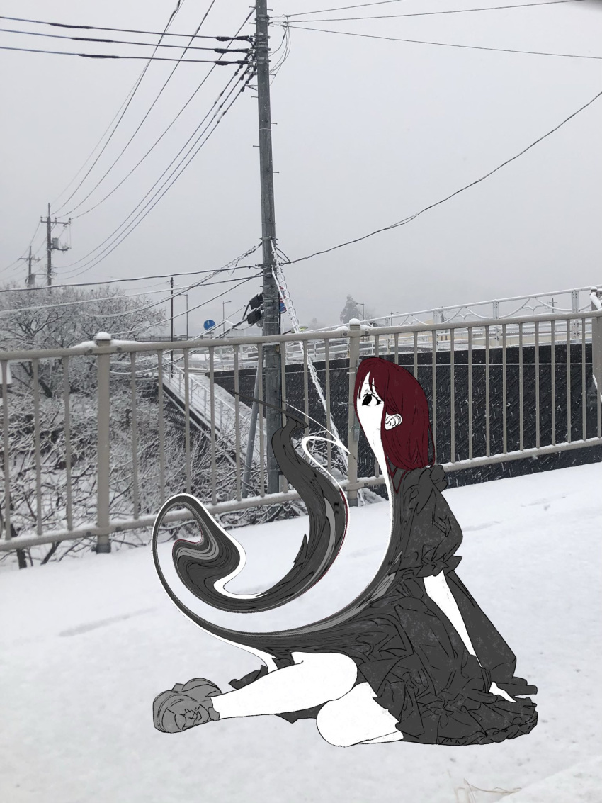 1girl black_dress black_eyes day dress full_body highres looking_up mochu_(aoishikabane) on_ground original outdoors overcast parted_lips photo_background power_lines railing red_hair sitting sky snow solo swirl utility_pole