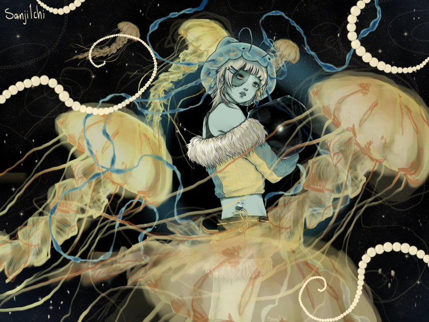 1girl aqua_skin artist_name black_background cropped_legs fish_hair_ornament fur_trim grey_hair hair_ornament hairclip highres holding jellyfish long_sleeves medium_hair midriff original parted_lips sanji1chi shorts solo stitched_face stitches yellow_eyes