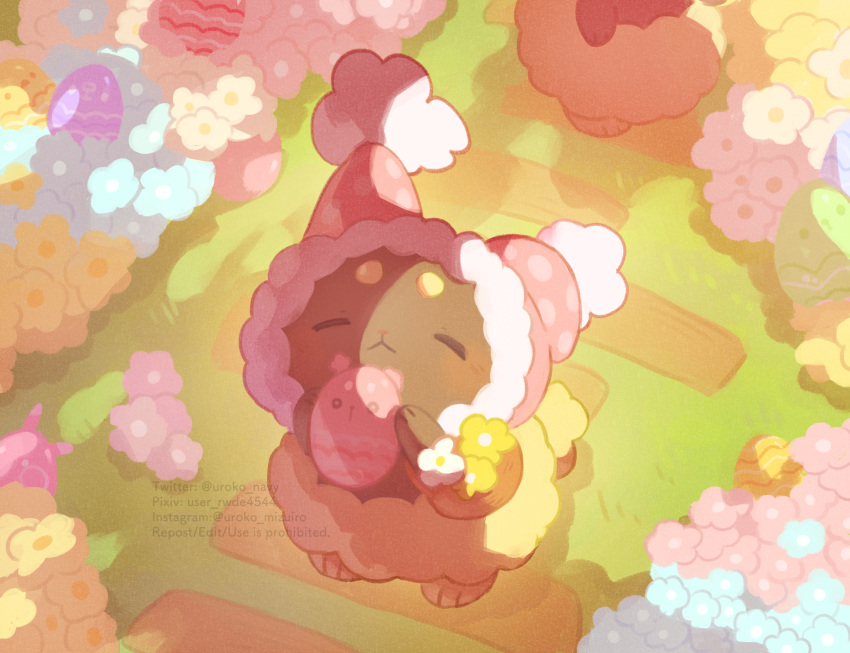 buneary closed_eyes closed_mouth egg flower highres holding holding_egg hood no_humans pixiv_username pokemon pokemon_(creature) polka_dot solo standing twitter_username uroko_(rwde4544) watermark white_flower yellow_flower