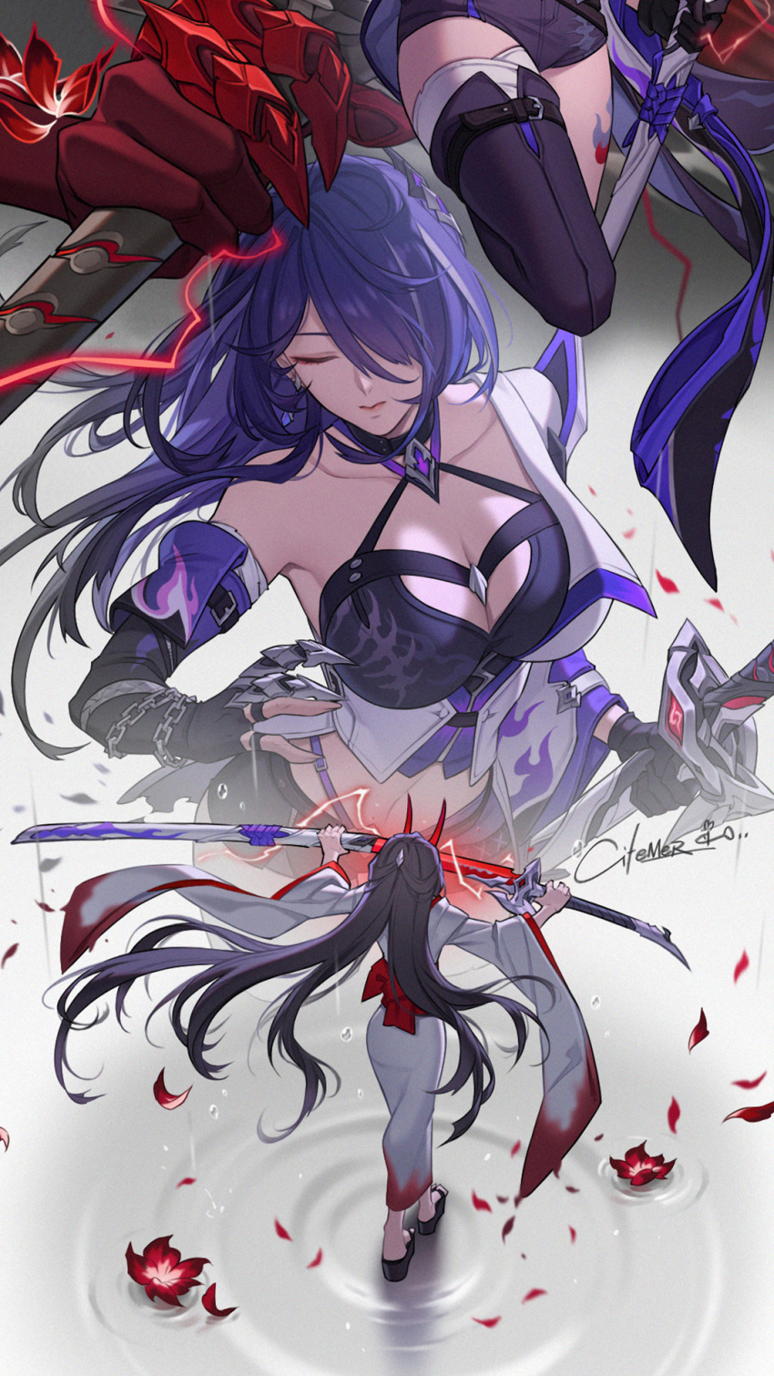 1girl acheron_(honkai:_star_rail) black_gloves citemer closed_eyes commentary_request elbow_gloves gloves grey_background hair_over_one_eye highres holding holding_sword holding_weapon honkai:_star_rail honkai_(series) horns katana long_hair midriff multiple_views purple_hair scabbard sheath single_bare_shoulder sword thighs unsheathing very_long_hair weapon