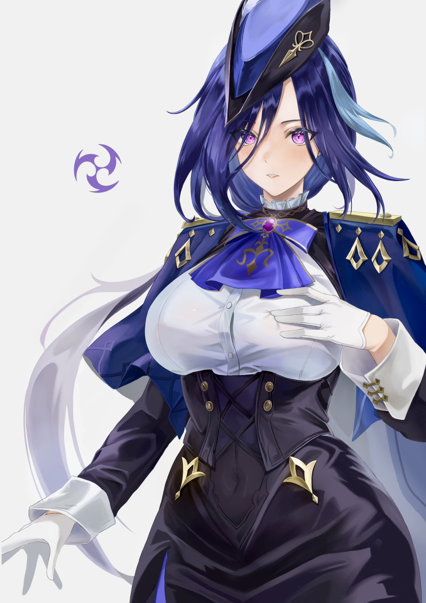 absurdly_long_hair black_dress blue_hair breasts chinami_(doblayovomma7gs) clorinde_(genshin_impact) dark_blue_hair dress gloves hat highres long_hair medium_breasts purple_hair solo standing stomach very_long_hair vision_(genshin_impact) white_background white_dress white_gloves