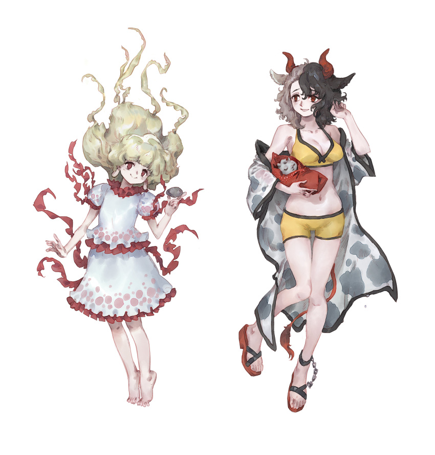 2girls absurdres animal_ears animal_print bare_legs barefoot breasts chain cleavage closed_mouth collarbone commentary_request cow_ears cow_girl cow_horns cow_print cow_tail ebisu_eika flat_chest frilled_shirt frilled_skirt frills full_body haori highres horns japanese_clothes light_brown_hair long_earlobes long_hair medium_breasts medium_hair momijigari multicolored_hair multiple_girls navel off_shoulder puffy_short_sleeves puffy_sleeves red_eyes red_horns red_tail rock shirt short_sleeves shorts simple_background skirt skirt_set smile split-color_hair sports_bra standing statue tail tank_top touhou two-tone_hair ushizaki_urumi white_background white_shirt white_skirt wily_beast_and_weakest_creature yellow_shirt yellow_shorts yellow_sports_bra yellow_tank_top