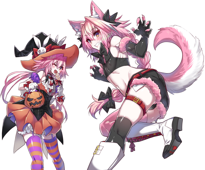 2boys animal_ear_fluff animal_ears arm_scrunchie astolfo_(fate) astolfo_(saber)_(fate) asymmetrical_legwear bare_shoulders belt black_bow black_bowtie black_corset black_panties black_shirt black_shorts bow bowtie braid bulge candy collar corset covered_nipples cowboy_shot crop_top cross-laced_footwear crossdressing denim denim_shorts dress dual_persona fake_claws fang fate/apocrypha fate/grand_order fate_(series) feet_out_of_frame food fox_boy fox_ears fox_tail frilled_collar frills fur-trimmed_gloves fur-trimmed_shorts fur_trim gloves grin hair_between_eyes hair_bow hair_intakes halloween halloween_bucket halloween_costume haoro hat hat_ribbon highres holding holding_candy holding_food holding_lollipop lollipop long_braid long_hair low_twintails male_focus midriff mismatched_legwear multicolored_hair multiple_boys navel one_eye_closed open_mouth orange_dress orange_eyes otoko_no_ko panties pink_claws pink_hair pink_thighhighs purple_eyes purple_garter_straps rabbit_hat_ornament red_belt ribbon shirt short_shorts shorts signature simple_background single_braid skin_fang sleeveless sleeveless_dress sleeveless_shirt smile streaked_hair striped_clothes striped_thighhighs swirl swirl_lollipop tail thigh_belt thigh_strap thighhighs thighs twintails two-sided_fabric two-sided_headwear two-sided_skirt two-tone_hair two-tone_legwear two-tone_thighhighs underwear very_long_hair white_background white_footwear white_hair witch_hat