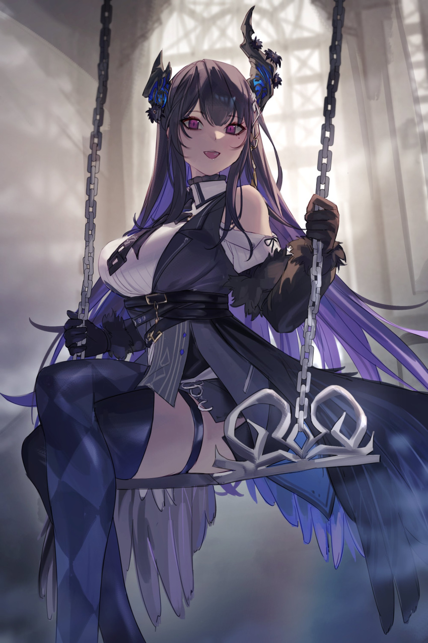 1girl absurdres aragiken asymmetrical_horns bare_shoulders black_hair blue_hair blush breasts colored_inner_hair demon_girl demon_horns fur_trim gloves hair_ornament highres hololive hololive_english horns large_breasts long_hair looking_at_viewer mole mole_under_eye multicolored_hair nerissa_ravencroft nerissa_ravencroft_(1st_costume) red_eyes smile solo swing two-tone_hair uneven_horns very_long_hair virtual_youtuber