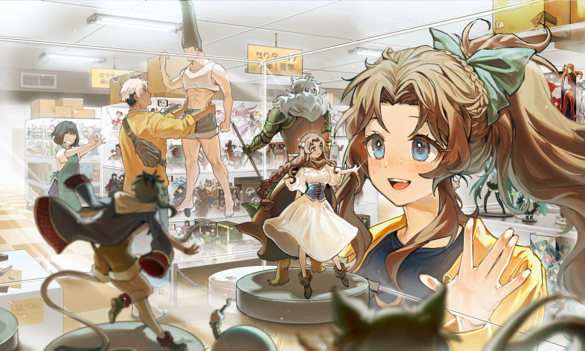 :d apron athens_(velahka) ayanami_rei bag black_hair blue_eyes blurry blurry_foreground bow box braid brown_hair ceiling_light character_request copyright_request crown_braid display_case dress faceless faceless_female figure flying_sweatdrops freckles gaius_(velahka) gon_freecss green_bow hair_bow hand_on_glass hashibira_inosuke hatsune_miku highres hunter_x_hunter indoors kamado_nezuko kamado_tanjirou kaname_madoka kimetsu_no_yaiba mahou_shoujo_madoka_magica mannequin monkey_d._luffy multicolored_hair neon_genesis_evangelion one_piece original parted_bangs ponytail shirt shop shoulder_bag sleeves_rolled_up smile tomoe_mami tony_tony_chopper undercut velahka vocaloid white_dress white_hair yellow_shirt