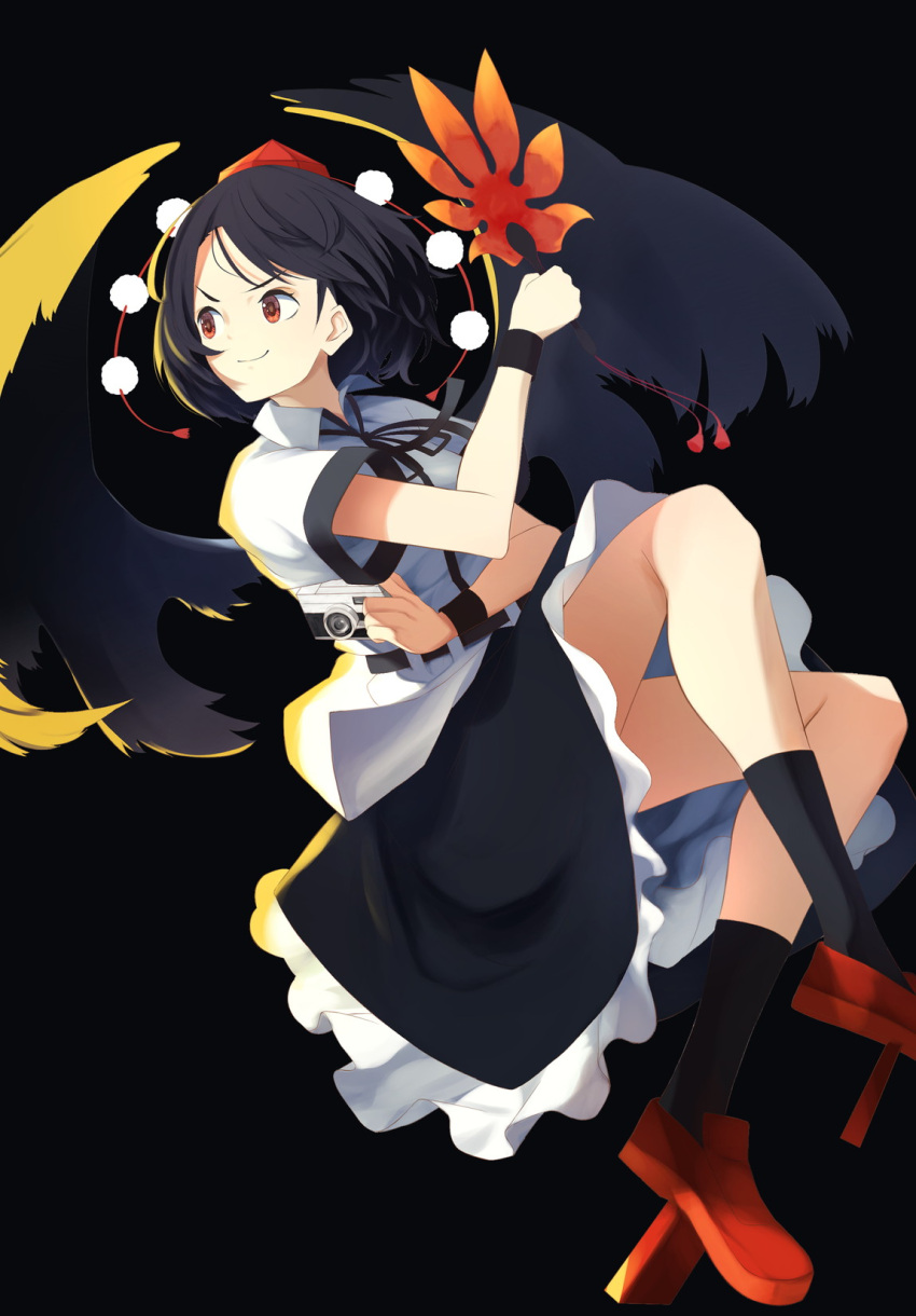 1girl belt bird_wings black_background black_belt black_hair black_skirt black_socks black_wings black_wristband camera commentary_request feathered_wings frilled_skirt frills geta hand_fan hat hauchiwa highres holding holding_camera holding_fan kneehighs pom_pom_(clothes) red_eyes red_footwear red_hat shameimaru_aya shirt short_hair short_sleeves skirt socks solo tengu-geta tokin_hat touhou wakadori1234 white_shirt wings