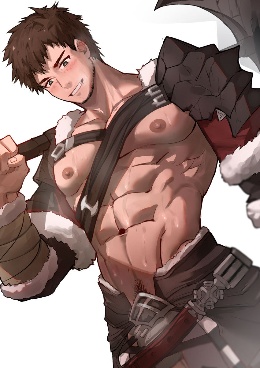 1boy abs adventurer_(ff14) armor axe bara bare_pectorals battle_axe beard_stubble blue_eyes blush brown_hair chest_harness cowboy_shot dutch_angle facial_hair final_fantasy final_fantasy_xiv grin harness highres hyur large_pectorals male_focus muscular muscular_male nipples over_shoulder pauldrons pectorals short_hair shoulder_armor smile solo standing steaming_body stubble sweat thick_eyebrows v-taper wan_ma_(wanma222) warrior_of_light_(ff14) weapon weapon_over_shoulder