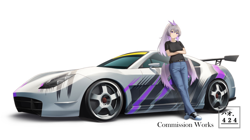 1girl artist_name belt black_belt black_footwear blue_pants blush breasts burnout_paradise car commission denim english_commentary grey_hair haow head_tilt highres jeans kitano_touge_sport long_hair looking_at_viewer low_wings medium_breasts motor_vehicle original pants ponytail purple_eyes shadow shoes smile sneakers solo spoiler_(automobile) sports_car vehicle_focus white_background wings