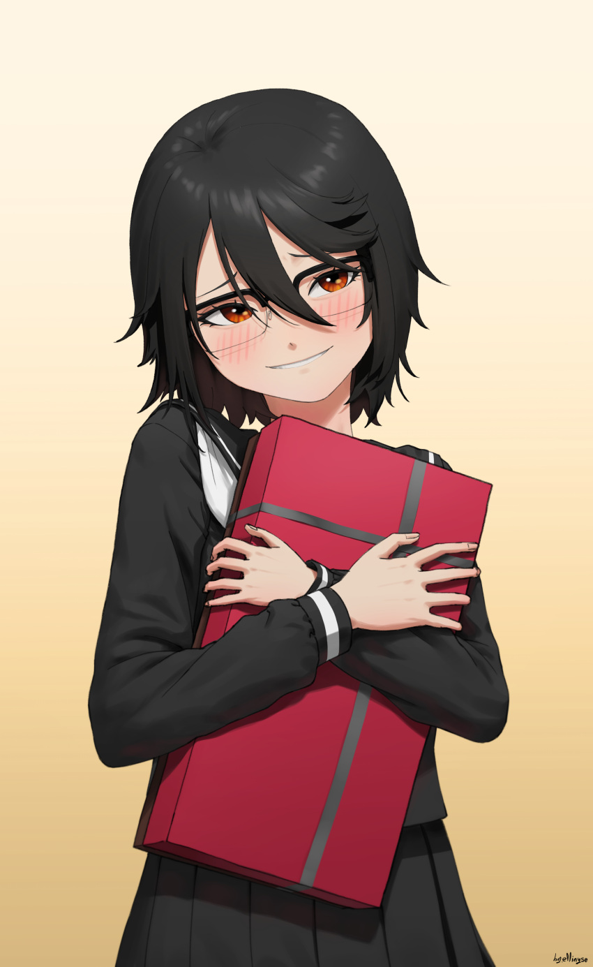 1girl absurdres black_hair black_sailor_collar black_skirt blush box brown_background ellinyse gift gift_box glasses gradient_background hair_between_eyes highres hugging_object long_sleeves looking_at_viewer momijiyama_teru neckerchief pleated_skirt red_eyes red_neckerchief sailor_collar school_uniform semi-rimless_eyewear shirt short_hair shy_(series) skirt smile solo teeth