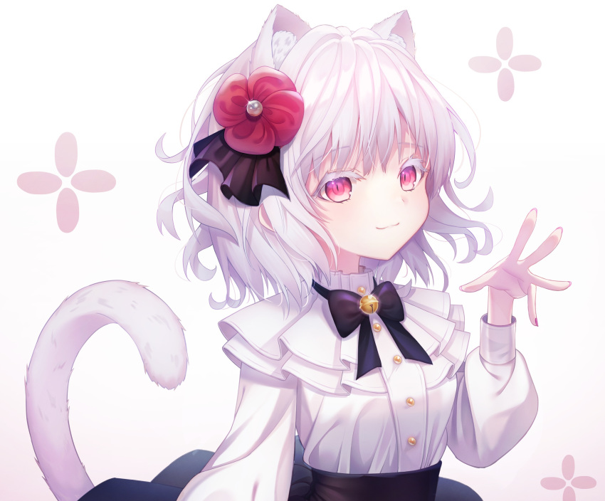 animal_ears bell bow catgirl cropped kyubi lolita_fashion original pink_eyes shirt short_hair skirt tail white white_hair