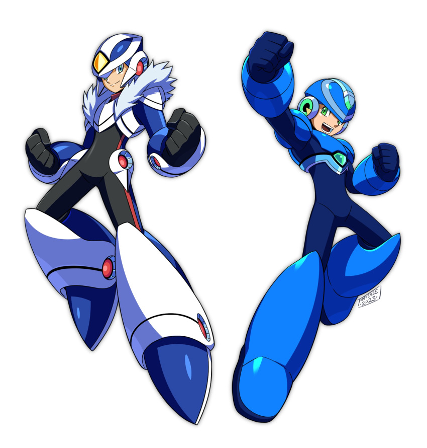 2boys android armor black_bodysuit blue_armor blue_bodysuit blue_eyes blue_footwear blue_helmet bodysuit boots clenched_hands forehead_jewel fur_trim green_eyes highres mega_man_(pachislot_rockman_ability) multiple_boys over-1_(mega_man) pachislot_rockman_ability rockman_xover simple_background tomycase white_armor white_background white_footwear white_helmet