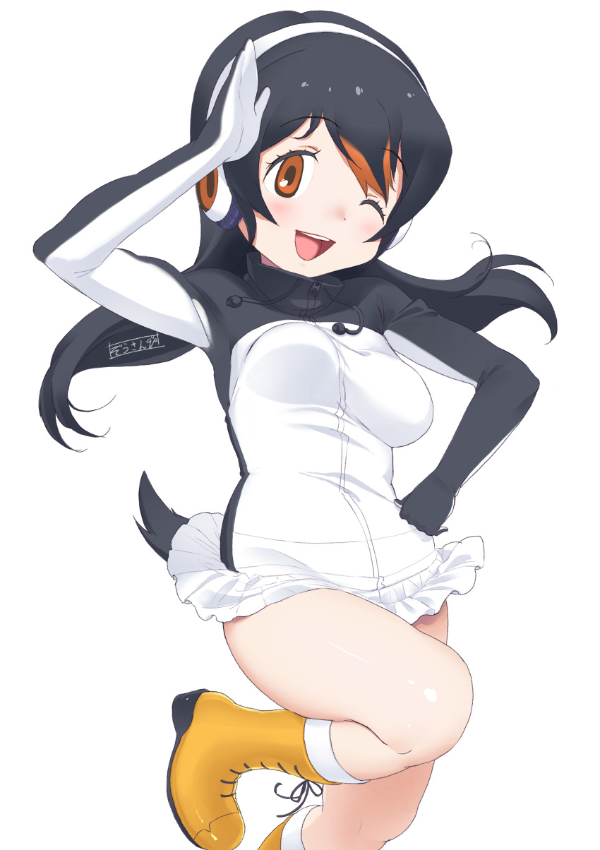 1girl ;d absurdres bare_legs black_hair blush boots breasts commentary drawstring gentoo_penguin_(kemono_friends) hair_between_eyes hair_over_one_eye hand_on_own_hip headphones highres hood jacket kemono_friends long_hair long_sleeves looking_at_viewer masuyama_ryou medium_breasts multicolored_hair one_eye_closed open_mouth orange_eyes orange_footwear orange_hair penguin_tail simple_background skirt smile solo tail two-tone_hair waving white_background