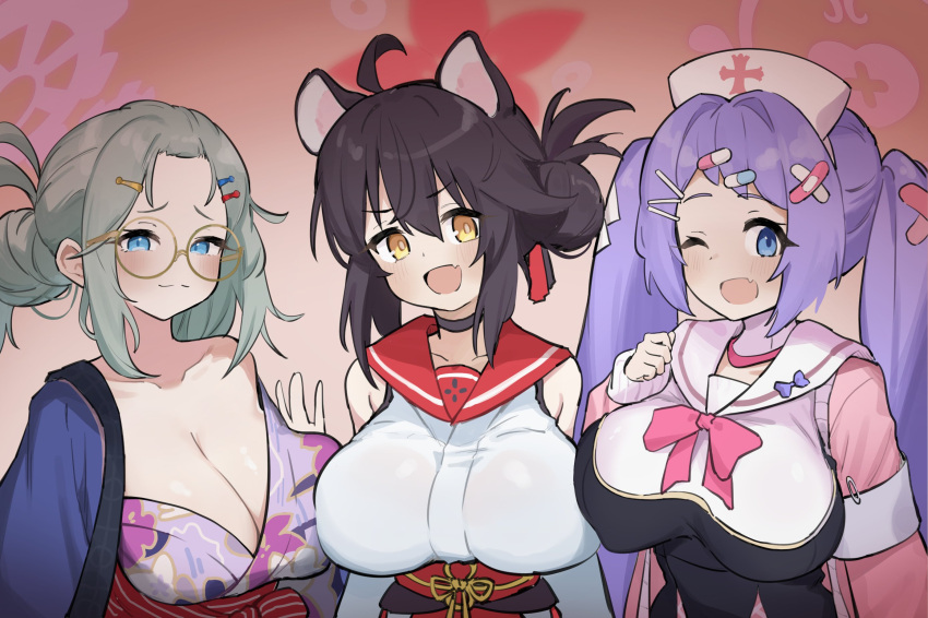 3girls :d ahoge animal_ears black_choker black_hair blue_archive blue_eyes blush breasts choker cleavage closed_mouth extra_ears fang glasses green_hair hair_bun hair_ornament hairclip halo hanae_(blue_archive) hat highres jacket japanese_clothes kaede_(blue_archive) kimono large_breasts long_hair long_sleeves looking_at_viewer makura_u9b meru_(blue_archive) multiple_girls nurse_cap official_alternate_costume one_eye_closed open_clothes open_jacket open_mouth pink_halo pink_jacket purple_hair purple_halo purple_kimono red_halo red_sailor_collar round_eyewear sailor_collar short_hair single_side_bun skin_fang smile twintails white_hat white_sailor_collar yellow_eyes